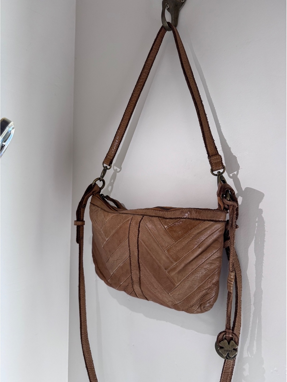 Lucky Brand Brown Leather Chevron Patchwork Shoulder Crossbody Bag Boho